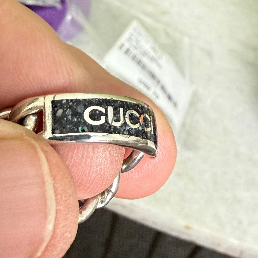 Gucci 678711 Unisex Sterling Silver Chain Ring with Black plaque, SZ 15